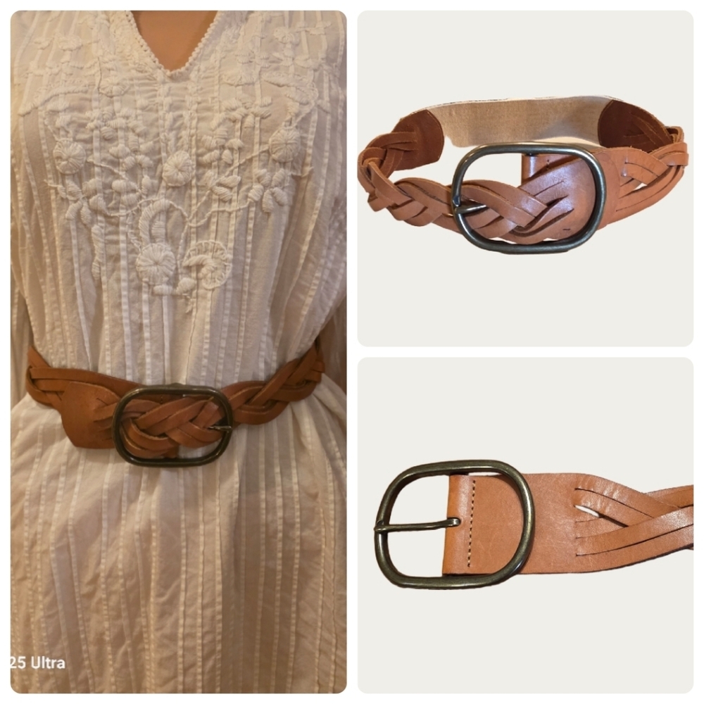 Vintage Saddle Brown Woven Leather Belt  Up To 29" Expandable